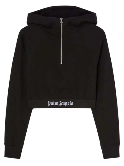 Shop Palm Angels Black Cotton Cropped Hoodie In Nero