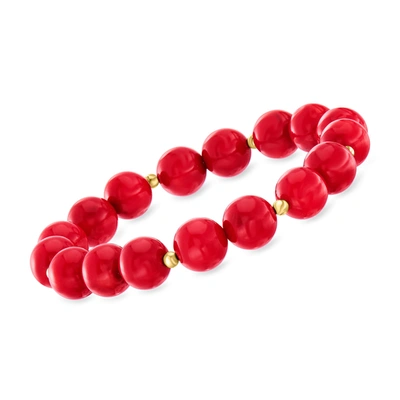 Ross-simons 10mm Red Coral Bead Stretch Bracelet With 14kt Yellow Gold In Multi