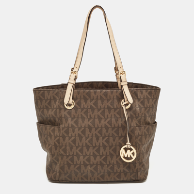 Pre-owned Michael Michael Kors Dark Brown Signature Coated Canvas And Leather Jet Set Tote