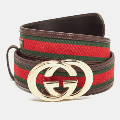 Pre-owned Gucci Choco Brown Leather And Fabric Web Interlocking G Buckle Belt 90cm