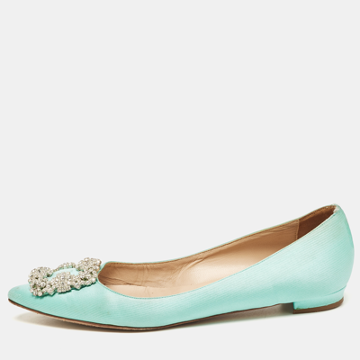 Pre-owned Manolo Blahnik Turquoise Satin Hangisi Ballet Flats Size 37 In Blue