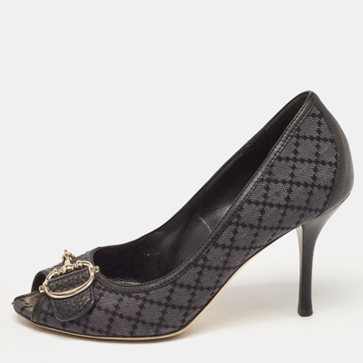 Pre-owned Jimmy Choo Two Tone Diamante Canvas And Leather Icon Bit Peep Toe Pumps Size 38 In Black