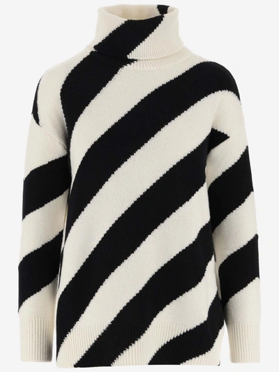 Shop Valentino Wool Sweater With Striped Pattern In An Avorio/nero