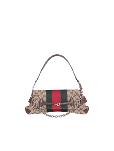 Shop Gucci Horsebit Chain Medium Shoulder Bag In Beige