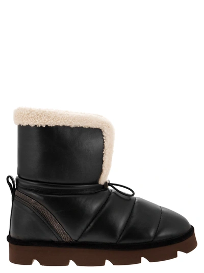 Shop Brunello Cucinelli Leather Boot With Shearling Lining And Shiny Details In Black