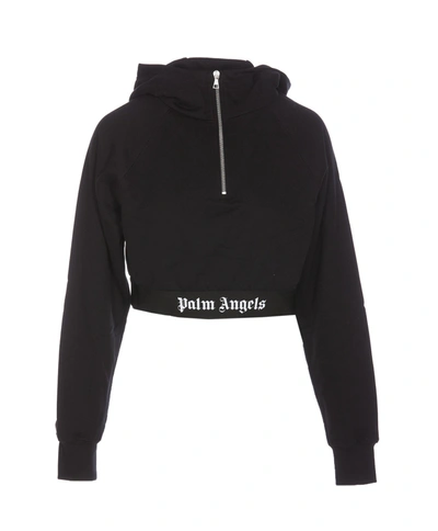 Shop Palm Angels Logo Cropped Zip Hoodie In Black