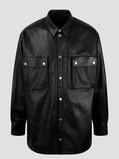 Shop Balmain Embossed Logo Leather Shirt In Black