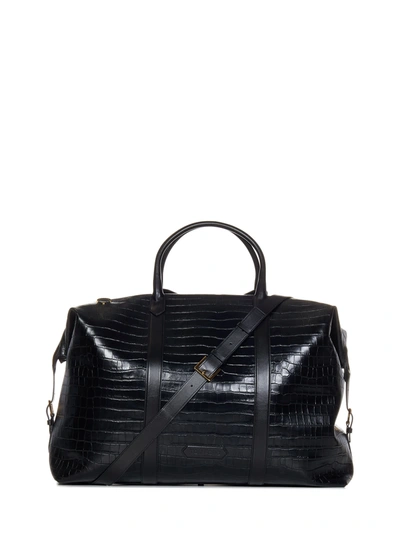 Shop Tom Ford Croco Embossed Round Top Handle Tote In Black