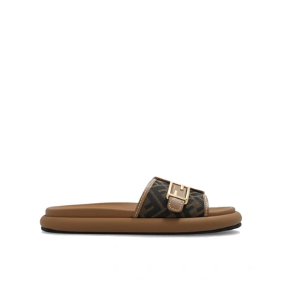 Shop Fendi Feel Logo Slides In Brown