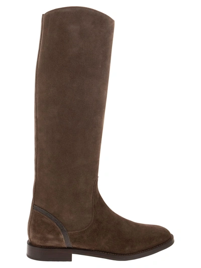 Shop Brunello Cucinelli Suede Boots With Shiny Contour In Brown
