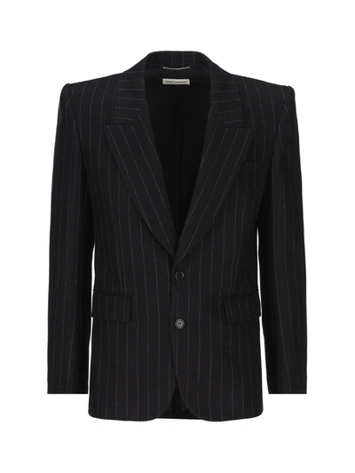 Shop Saint Laurent Pinstriped Tailored Blazer In Nero