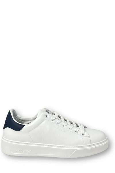 Shop Woolrich Logo Embossed Lace-up Sneakers  In White/blu