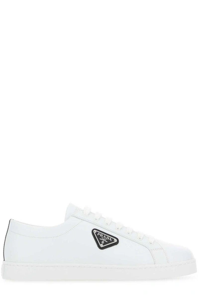 Shop Prada Logo Plaque Lace-up Sneakers In White/black
