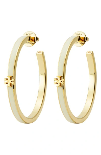 Shop Tory Burch Kira Enamel Hoop Earrings In Tory Gold / New Ivory