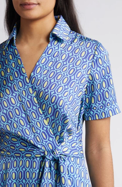 Shop Tahari Asl Geo Print Short Sleeve Midi Shirtdress In Aqua Lime