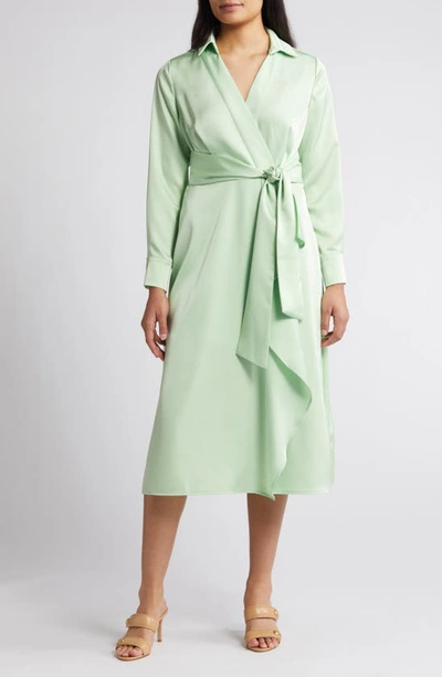 Shop Tahari Asl Ruffle Front Long Sleeve Midi Shirtdress In Moss