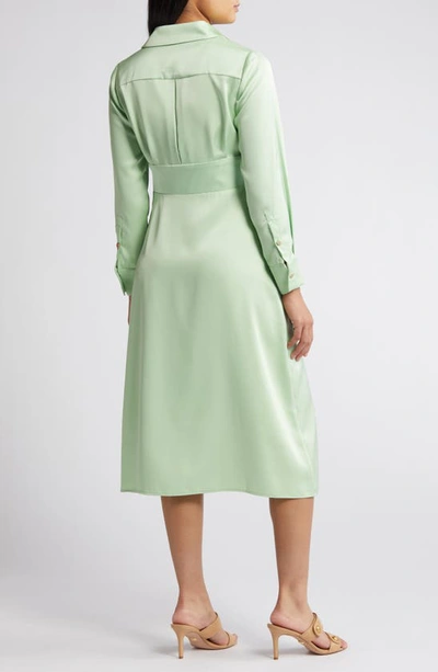 Shop Tahari Asl Ruffle Front Long Sleeve Midi Shirtdress In Moss