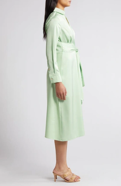 Shop Tahari Asl Ruffle Front Long Sleeve Midi Shirtdress In Moss