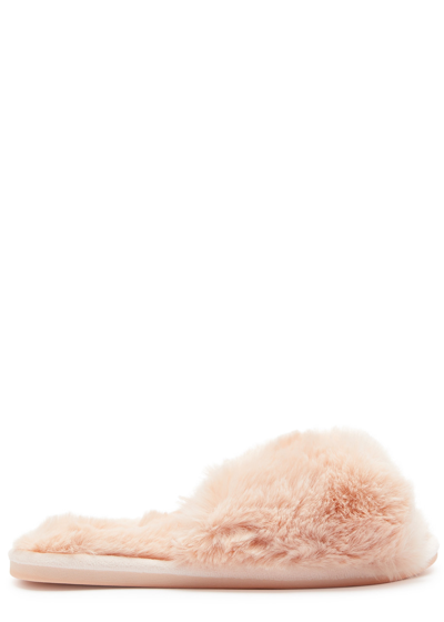 Shop Eberjey Plush Cross-over Faux Fur Slippers In Rose