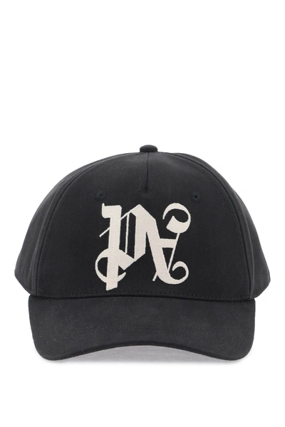Shop Palm Angels Pa Monogram Baseball Cap In Black Off White (black)
