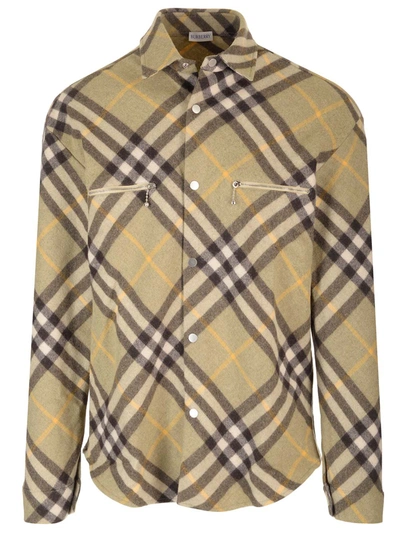 Shop Burberry Check Overshirt In Wool Blend In Beige