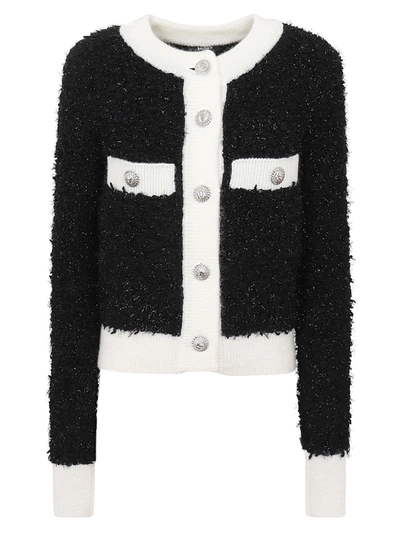 Shop Balmain Buttoned Furry Tweed Cardigan In Eer Noir Naturel