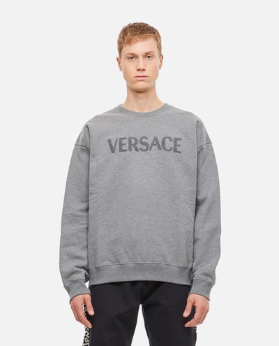 Shop Versace Crewneck Embossed Logo Sweatshirt In Grey