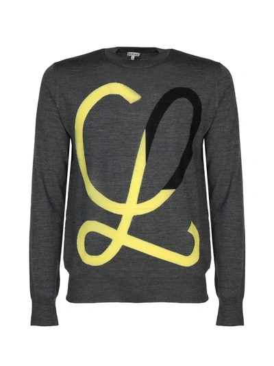 Shop Loewe Sweater With L Inlay In Wool In Grey/yellow