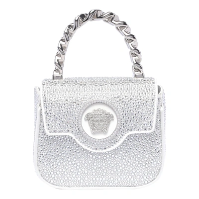 Shop Versace Mini La Medusa Logo Strass Crossbody Bag In Silver