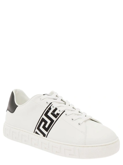 Shop Versace 'new Greca' White Low Top Sneakers With Logo Detail In Vegan Leather Man