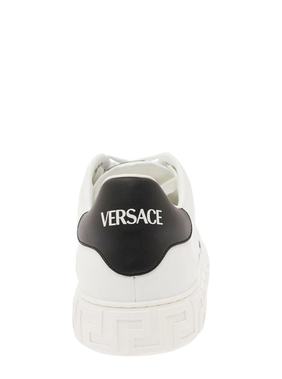 Shop Versace 'new Greca' White Low Top Sneakers With Logo Detail In Vegan Leather Man