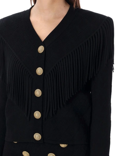 Shop Balmain Fringed Fine Knit Cardigan In Black