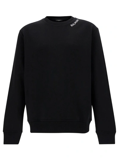 Shop Balmain Black Crewneck Sweatshirt With Contrasting Logo Lettering In Cotton Man