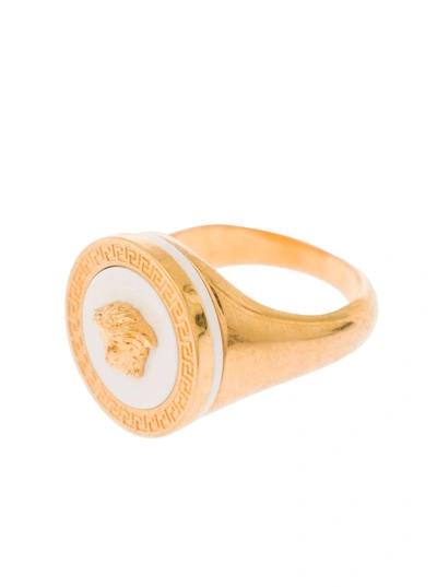 Shop Versace Gold-colored Ring With Medusa Detail And Greca Motif In Metal Man In Grey