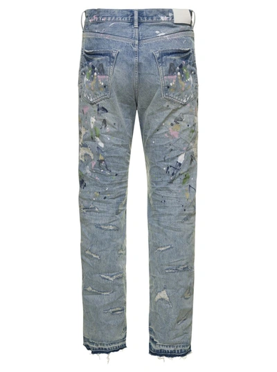 Shop Purple Brand Light Blue Wrinkled Jeans With Rips And Paint Stains In Cotton Denim Man