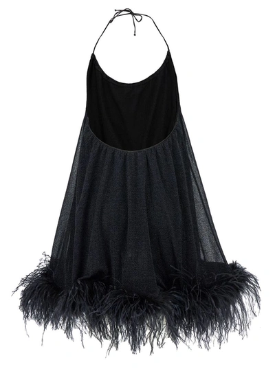 Shop Oseree Mini Black Dress With Halterneck And Feathers In Polyamide Blend Woman