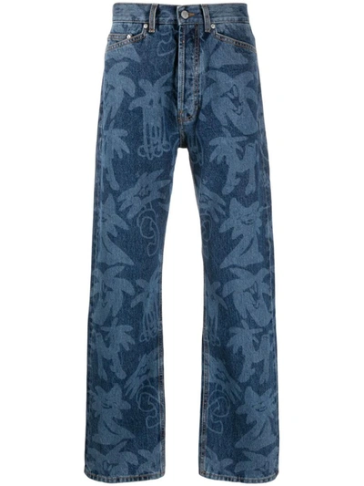 Shop Palm Angels Palmity Jeans With Print In Blue