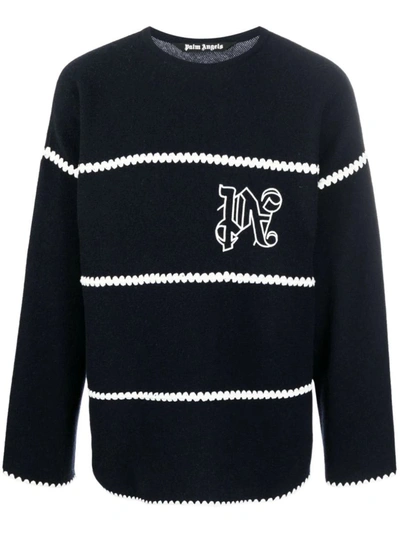 Shop Palm Angels Striped Sweater With Embroidery In Blue