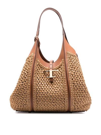 Shop Tod's Straw Timeless Bag With Leather Trim And Logo In Beis