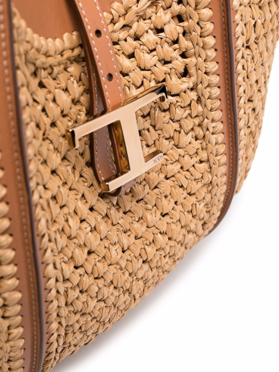 Shop Tod's Straw Timeless Bag With Leather Trim And Logo In Beis