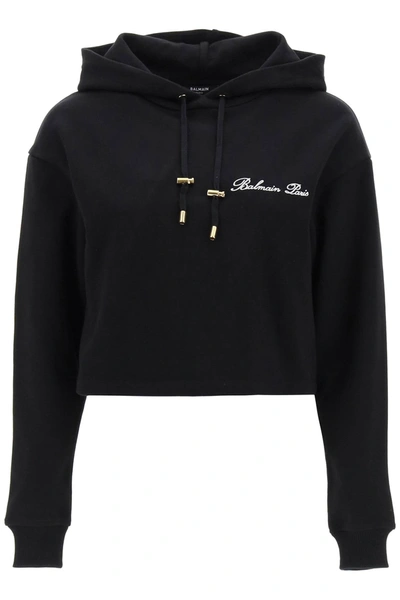 Shop Balmain Cropped Hoodie With Logo Embroidery Women In Black