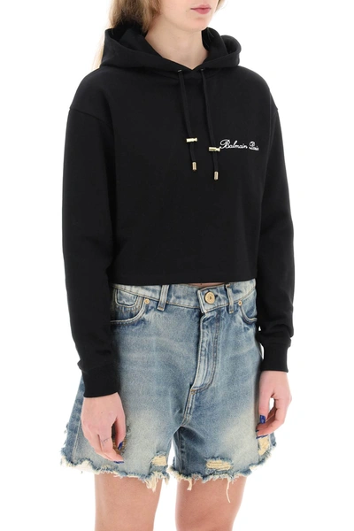 Shop Balmain Cropped Hoodie With Logo Embroidery Women In Black