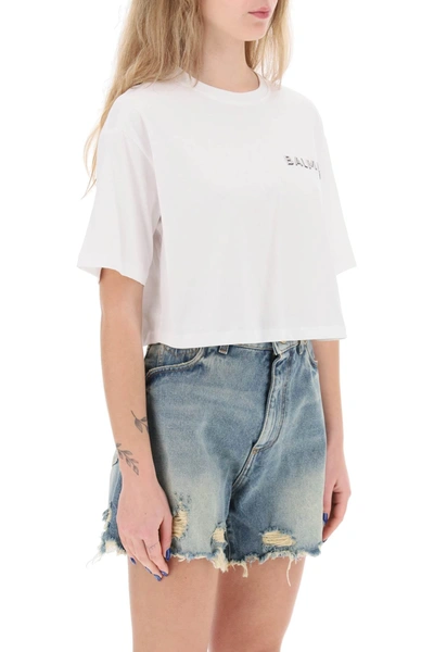 Shop Balmain Cropped T-shirt With Metallic Logo Women In White