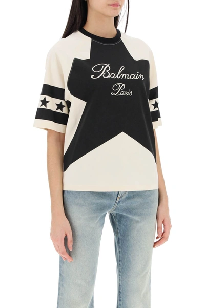 Shop Balmain Cropped T-shirt With Star And Logo Prints Women In Multicolor