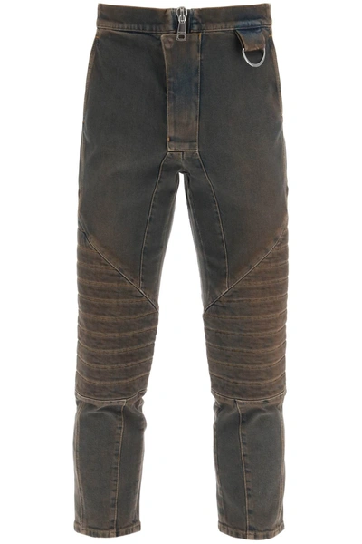 Shop Balmain Stretch Jeans With Quilted And Padded Inserts Men In Brown