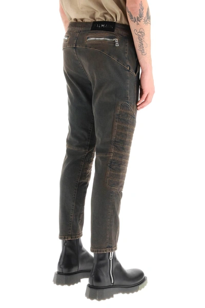 Shop Balmain Stretch Jeans With Quilted And Padded Inserts Men In Brown