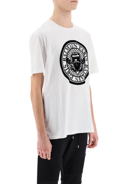 Shop Balmain T-shirt With Flocked Coin Print Men In White