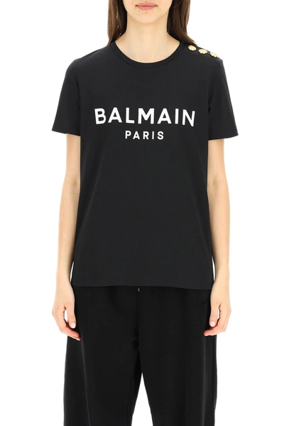 Shop Balmain T-shirt With Logo Print And Embossed Buttons Women In Black