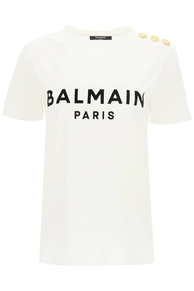 Shop Balmain T-shirt With Logo Print And Embossed Buttons Women In White