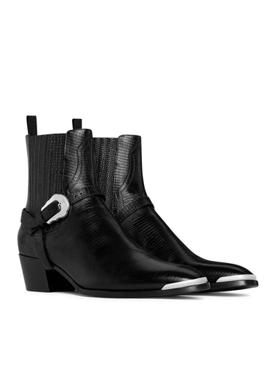 Shop Celine Men Isaac Western Chelsea Boot With Harness And Metal Toe In Calfskin With Tejus Print Black